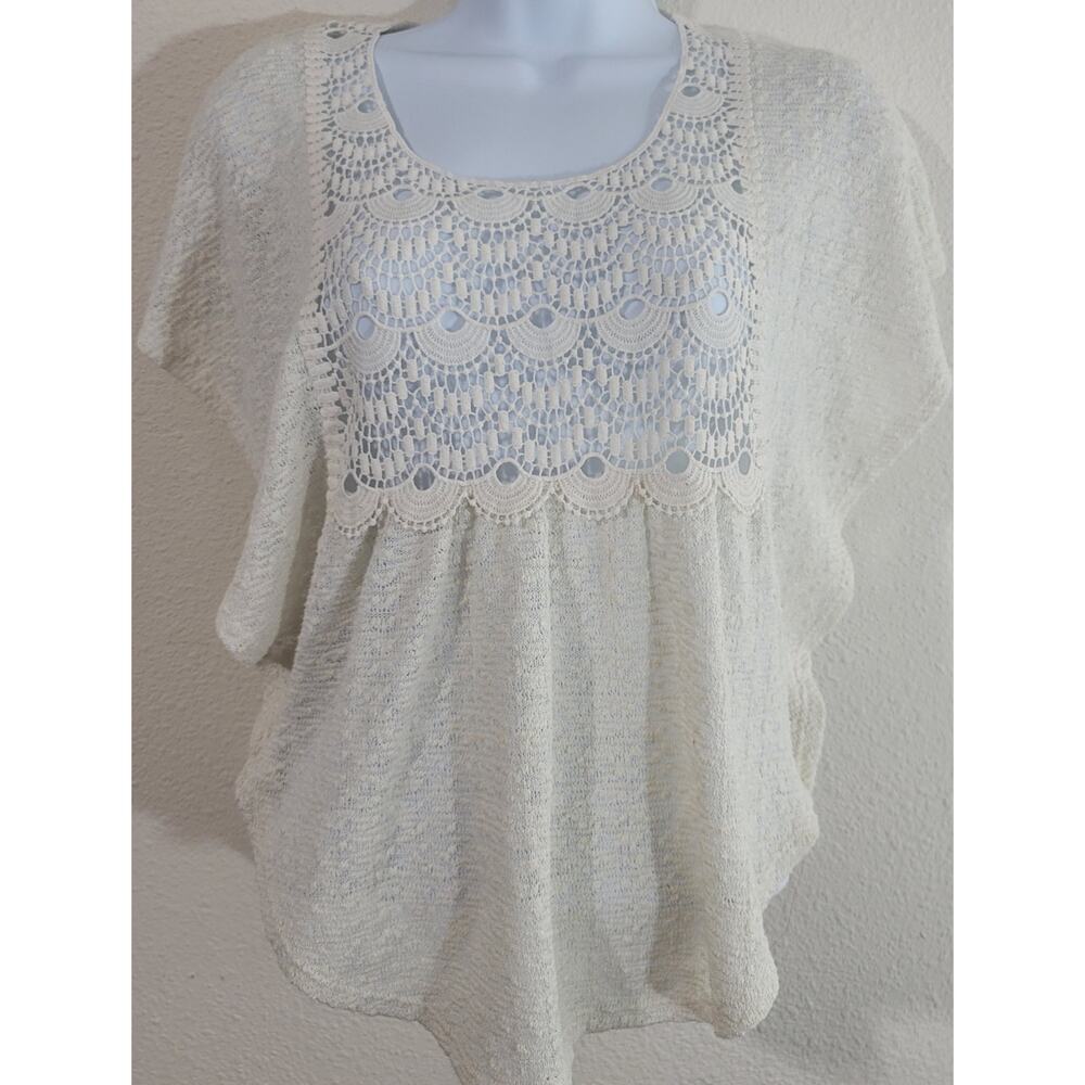 Red Camel Beige Crochet Bodice Popcorn Knit Sweater XS Dolman Sleeve Hi Low Hem